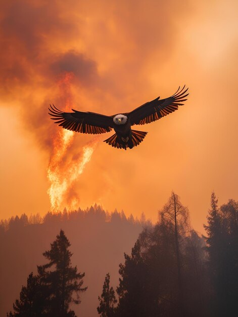 Eagle flying to escape a forest fire