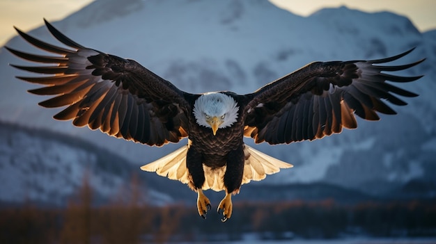 Foto un'aquila che vola in volo sopra le montagne e un lago