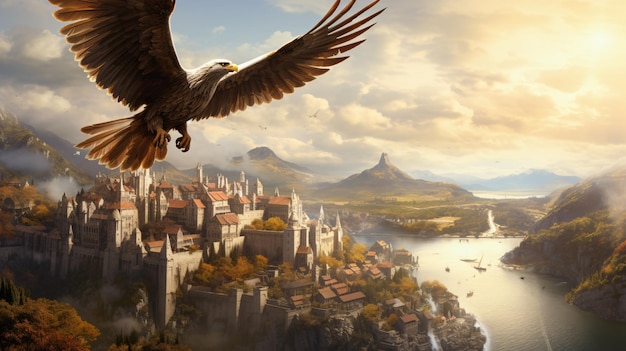 Eagle flying over a medieval city with houses