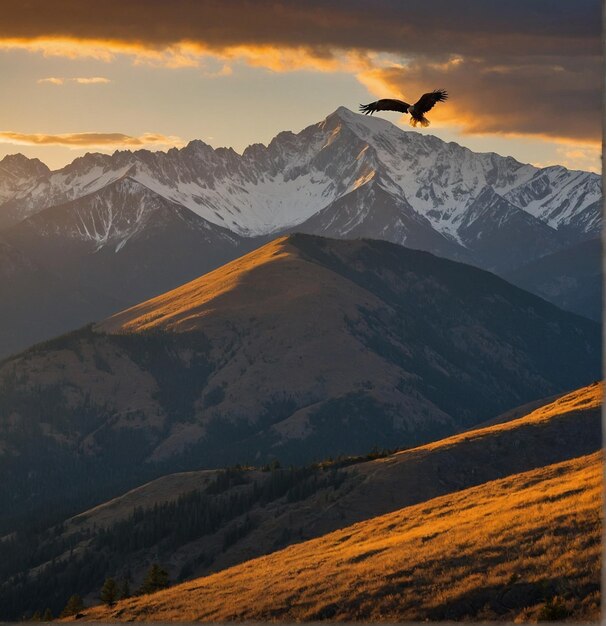 eagle flying over mountain at sunset