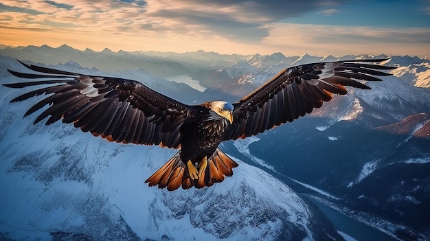 Орел летит над горой на закате Генеративный ИИ