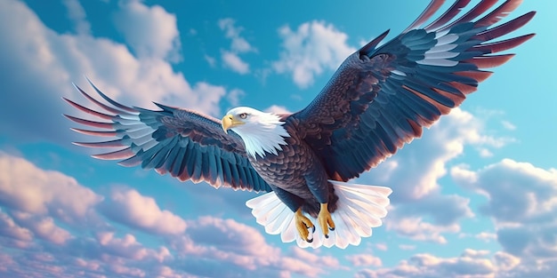 An eagle flying in the sky at sunset