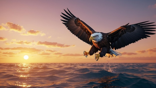 Eagle flying at sunset in sea