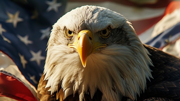 The eagle gazes intently into the camera amidst the flags following a style reminiscent