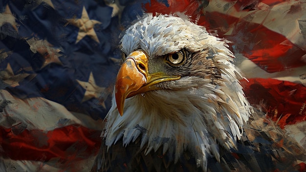 The eagle gazes intently into the camera amidst the flags following a style reminiscent