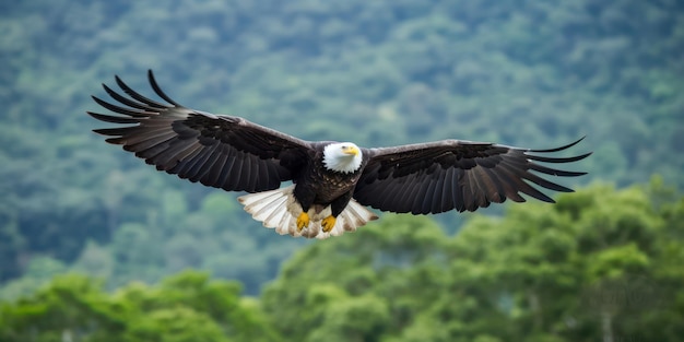 Eagle glides majestically over the lush wilderness