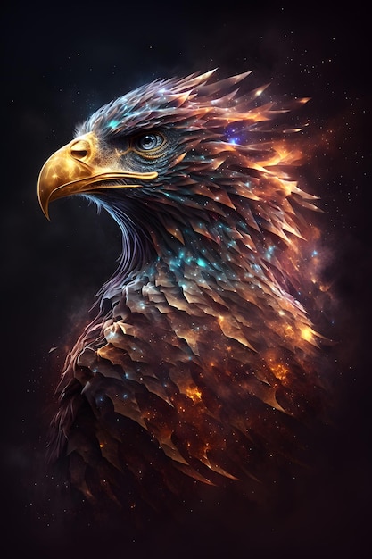 Eagle head connected to galactic nebula An eagle on a black background in a magical abstract editi