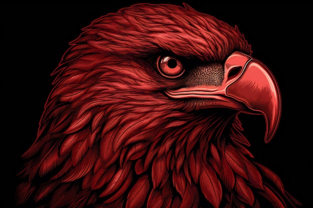 Eagle head with red plumage on black background