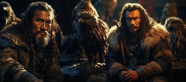 伝統的な服装を着た鷹の狩人腕に立つ壮大な鷹とAIで生成された
