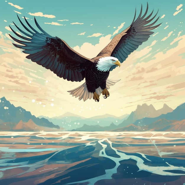 An eagle is flying over the water with mountains in the background.