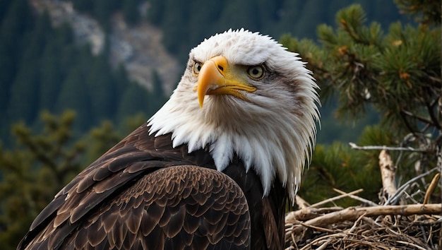 an eagle is looking at the camera with a mountain in the background