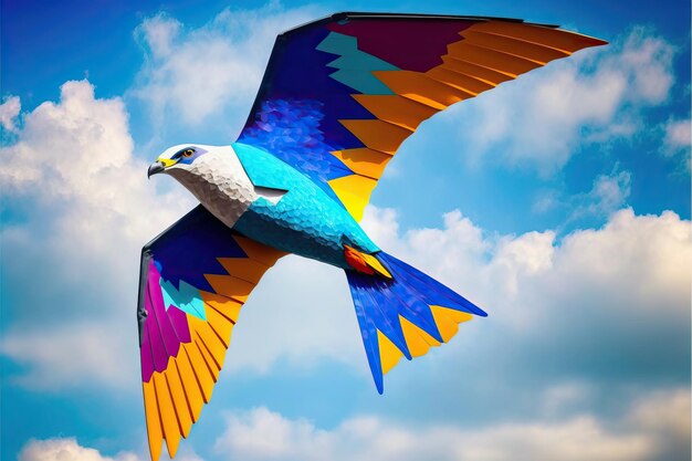 An eagle kite flying in the blue sky among clouds in concept for the international festival of kites