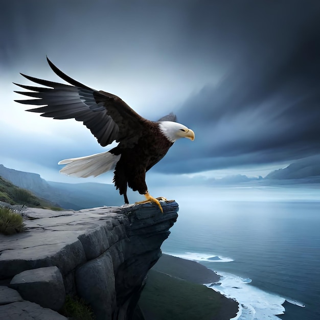 The eagle landing on a cliff ledge peering down at the world below