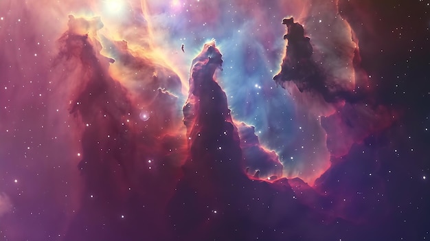 독수리 성운 (Eagle Nebulae) - 창조의 기둥 (Pillars of Creation) 이 이미지는 visib에서 볼 수 있는 기둥을 보여준다.