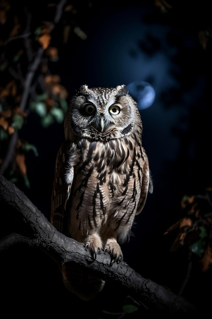 Eagle owl in tree branch at night