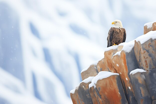 겨울 에 눈 먼지 가 가득 한 절벽 에 서 있는 독수리