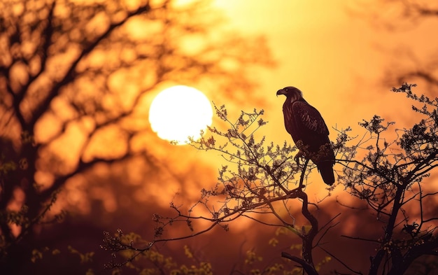 Eagle perched on a treetop silhouetted against the setting sun