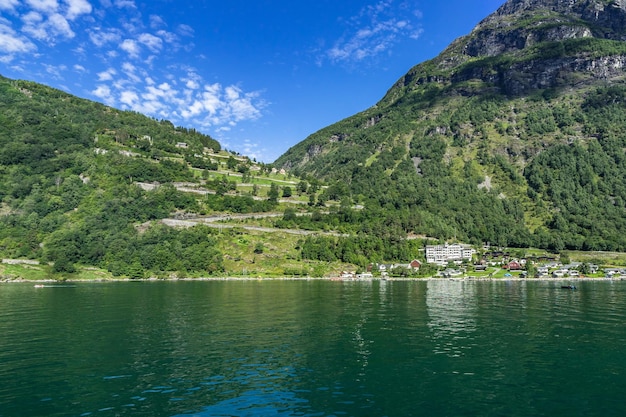 Eagle Road Geiranger to Eidsdal with a panorama of Geirangerfjord Sunnmore More og Romsdal Norway