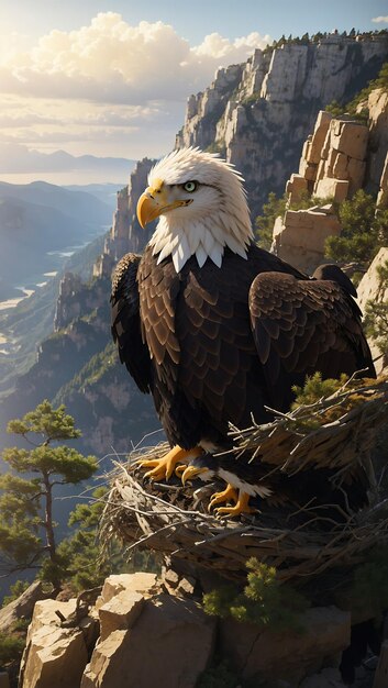 The eagle sat in its nest perched on the cliff's edge It gazed keenly down at the valley below