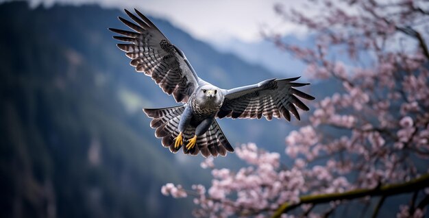 Photo eagle in the sky photograph of a bluegray hawk soaring over a mountain valley in spring