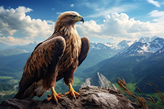 An eagle standing on a hilltop overlooking a magnificent mountain range