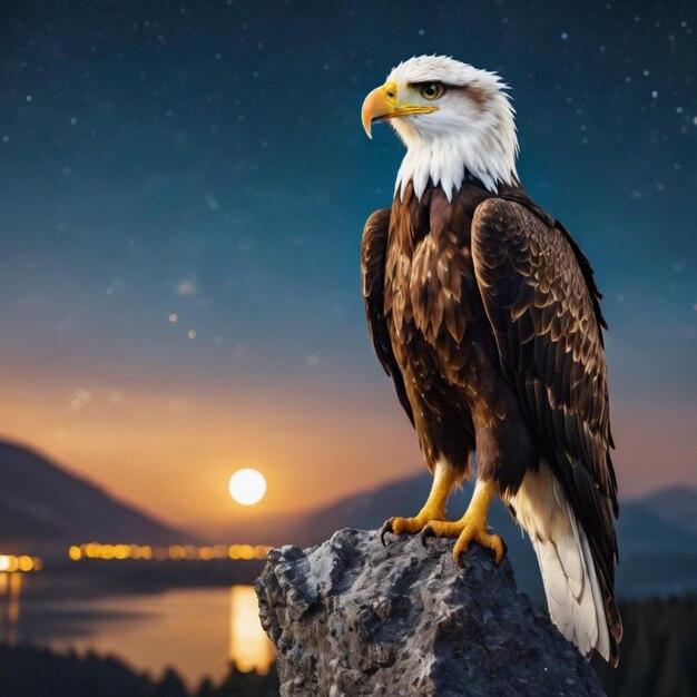 Foto un'aquila in piedi su una collina rocciosa che osserva la natura che cade la sera