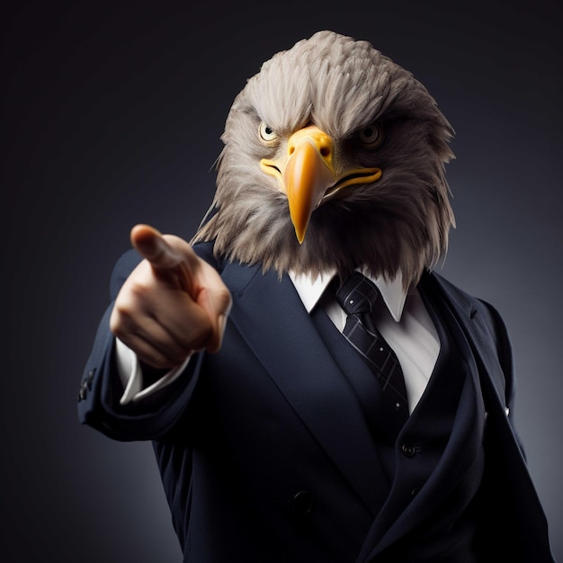 Photo eagle in suit showing thumbs up on dark background business concept