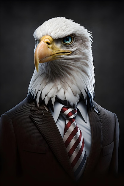 An eagle in a suit with a blue eye