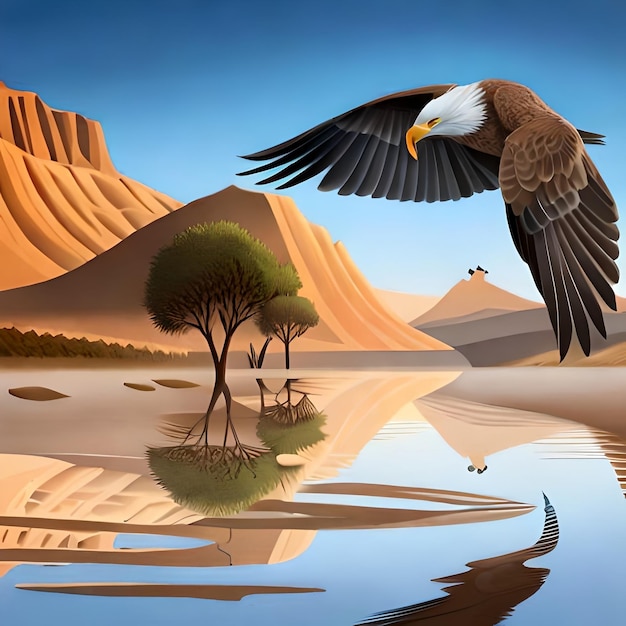 Photo the eagle swooping down to grab a drink from an oasis in the desert