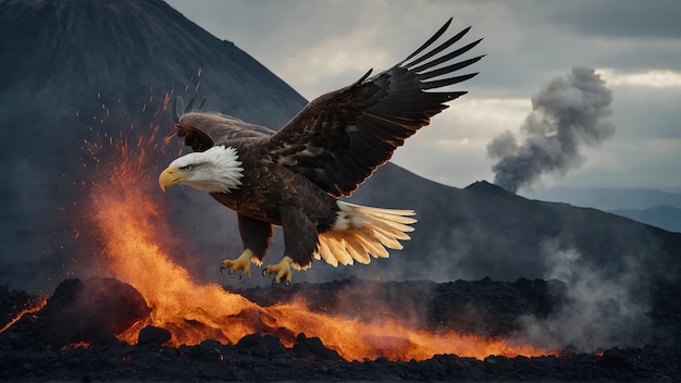 Eagle on volcanic eruption