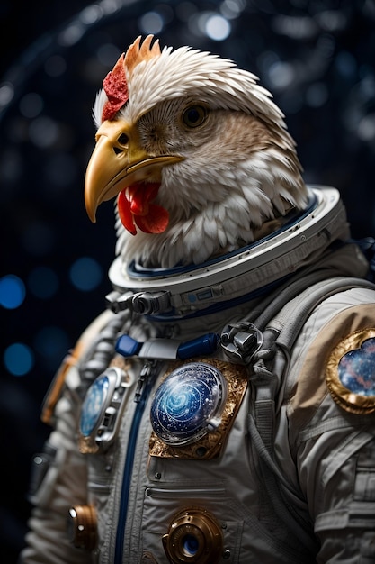 An eagle wearing a space suit up close