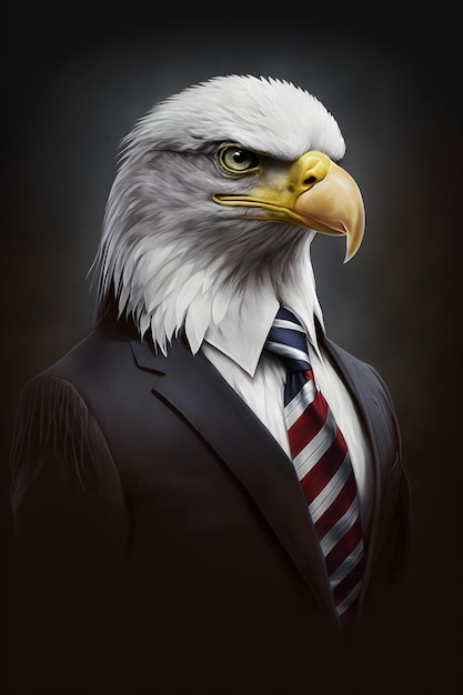 An eagle wearing a suit and tie that says'eagle'on it