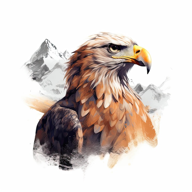 Eagle on a white background with mountains in the background in dark white and amber colors Generative AI