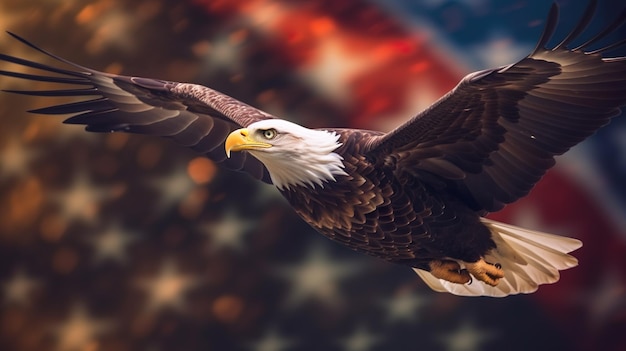 Eagle With American Flag Flies In Freedom At Sunset