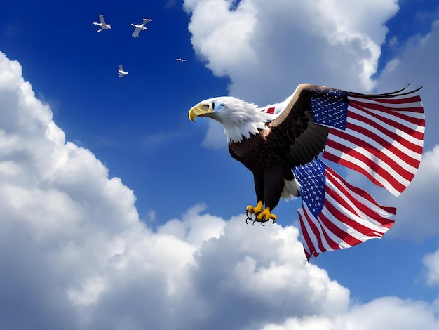Орел с американским флагом летит над облаками