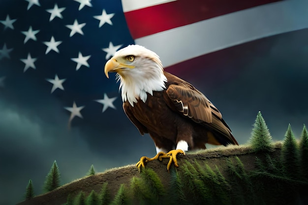 An eagle with the american flag behind it