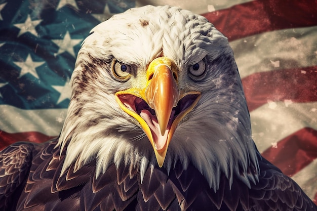 An eagle with the american flag behind it