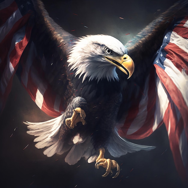 An eagle with the american flag on its wings is flying in the air.