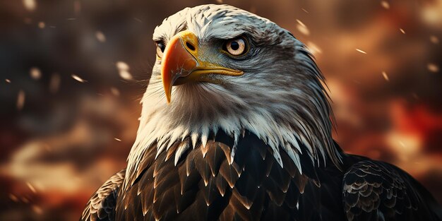 Foto l'aquila con la bandiera americana che si alza nel cielo blu