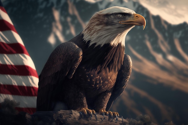 an eagle with a flag in the background