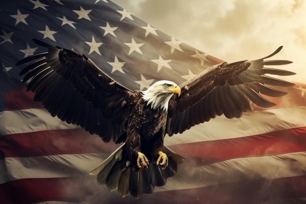 Eagle with open wings flying against flag Beautiful illustration picture Generative AI