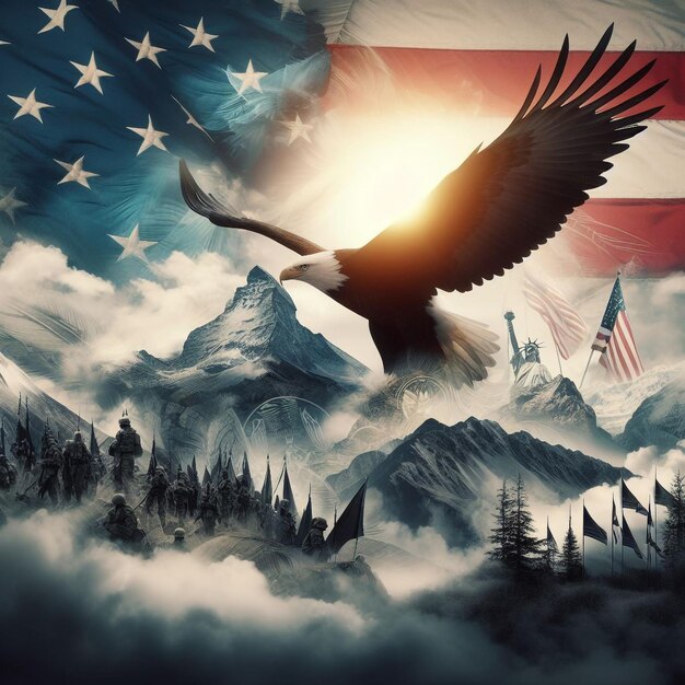 Photo an eagle with a red white and blue flag in the background