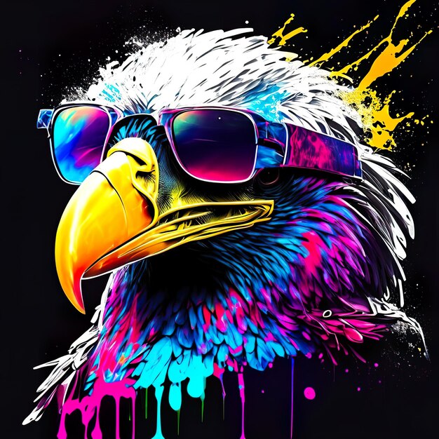 Photo eagle with sunglasses with ink splash generative ai