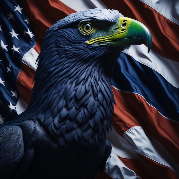 A eagle with a yellow beak is standing in front of a flag.