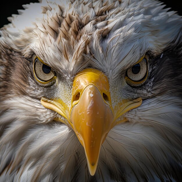 an eagle with a yellow beak and a white feathered head