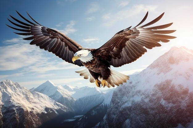 Eagles fly proudly in the sky with mountains in the background