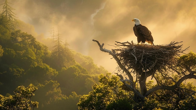 Eagles Perched On Nest Atop Pine In Misty Forest At Sunrise Banner met Copy space AI gegenereerd