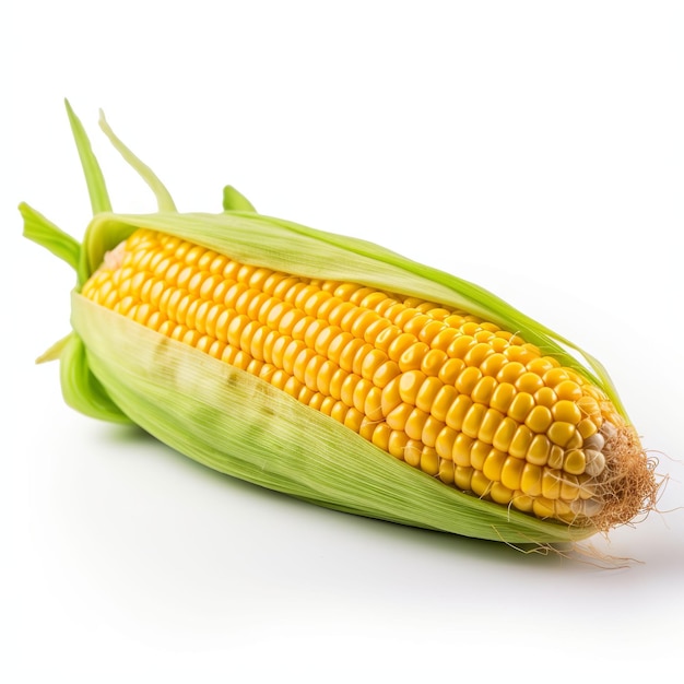 An ear of corn is laying on a white background.