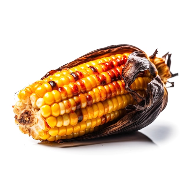 An ear of corn with a burnt skin and a dark brown sauce on it.