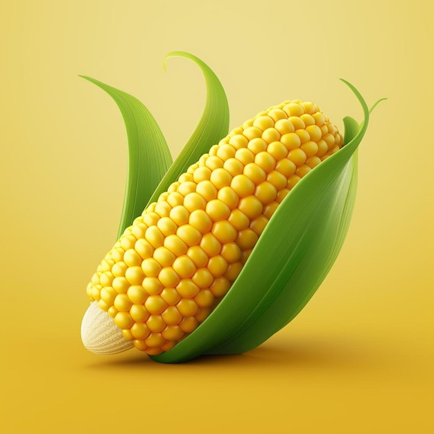an ear of corn with leaves on a yellow background